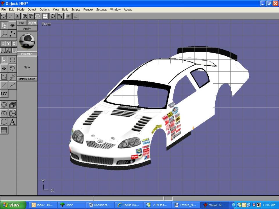 3D model of a white NASCAR car body with sponsor decals in modeling software