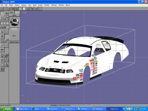 2004 Jeep Wrangler - A 3D model of a white racing car with various sponsor decals is displayed in a computer modeling program. The car is shown in a three-quart…