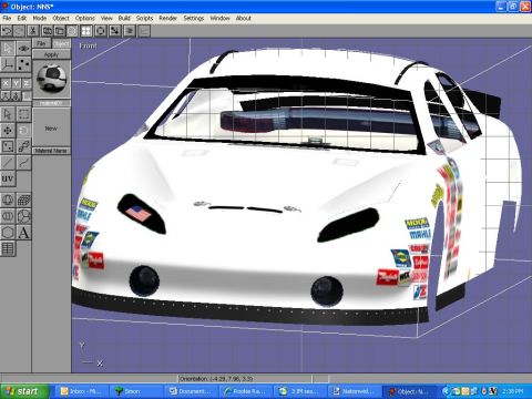 2004 Jeep Wrangler - A 3D rendering of a white stock car is displayed on a computer screen. The software interface shows various modeling tools and options.