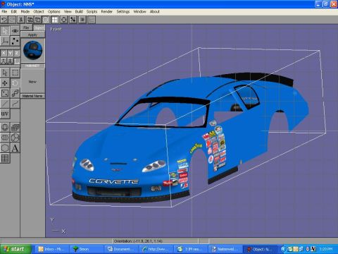 2004 Jeep Wrangler - A blue 3D model of a race car, possibly a Corvette, is displayed in a computer modeling program. The car features various sponsor decals an…