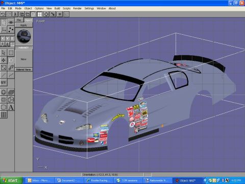 2004 Jeep Wrangler - Screenshot of 3D modeling software displaying a stock-car body model with sponsor contingency decals.