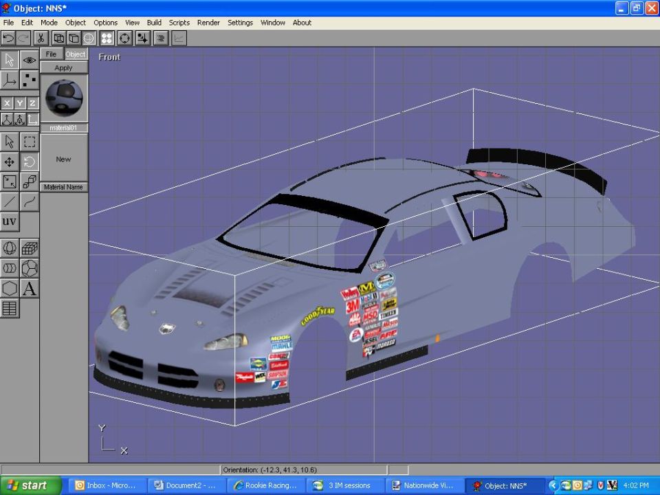 Screenshot of 3D modeling software showing a NASCAR body model with sponsor decals