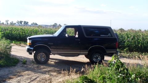 1996 Ford Bronco - Side view of a dark blue 1996 Ford Bronco on a dirt path with a cornfield in the background.