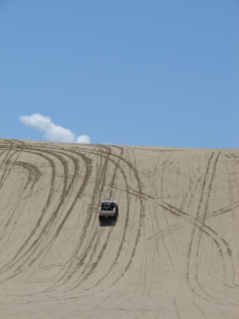 1996 Ford Bronco - A 1996 Ford Bronco navigates a sandy incline, leaving tire tracks in its wake under a clear blue sky.
