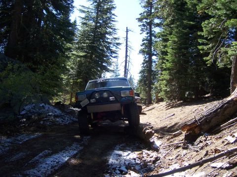 1991 Ford Bronco - A blue off-road SUV navigates a narrow dirt path through a dense forest with scattered snow patches.