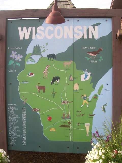 1996 Ford Bronco - A sign displays a map of Wisconsin, highlighting its state symbols and major cities with distances.