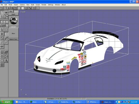 2004 Jeep Wrangler - Screenshot of 3D modeling software displaying a white stock-car body model with sponsor decals.