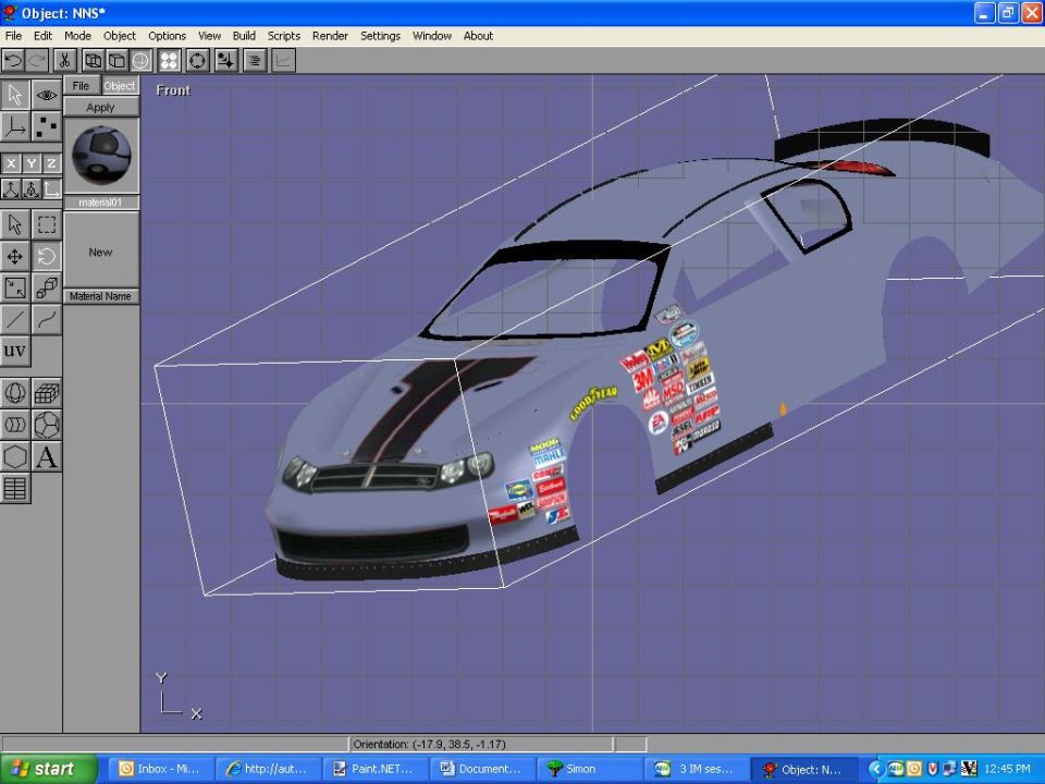 Screenshot of 3D modeling software showing a NASCAR body model with contingency decals