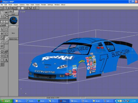 2004 Jeep Wrangler - A 3D rendering of a blue race car, likely a Chevrolet, with various sponsor decals including Kool-Aid and Busch Clash.