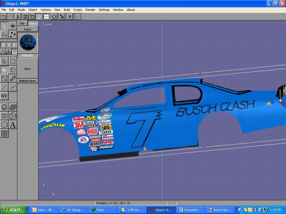 Screenshot of 3D modeling software showing a blue Busch Clash number 7 NASCAR body model