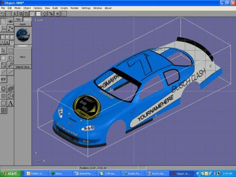2004 Jeep Wrangler - Screenshot of 3D modeling software displaying a blue number 7 Busch Clash stock-car paint scheme.