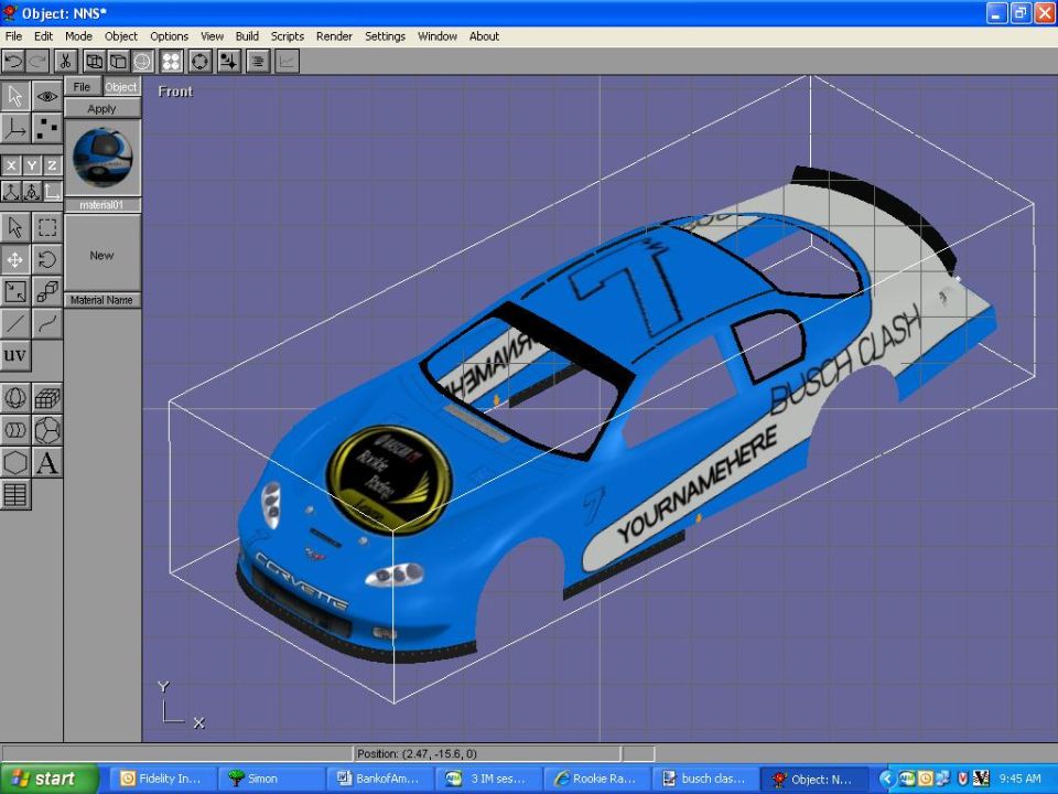 Screenshot of 3D modeling software showing a blue Busch Clash number 7 NASCAR paint scheme