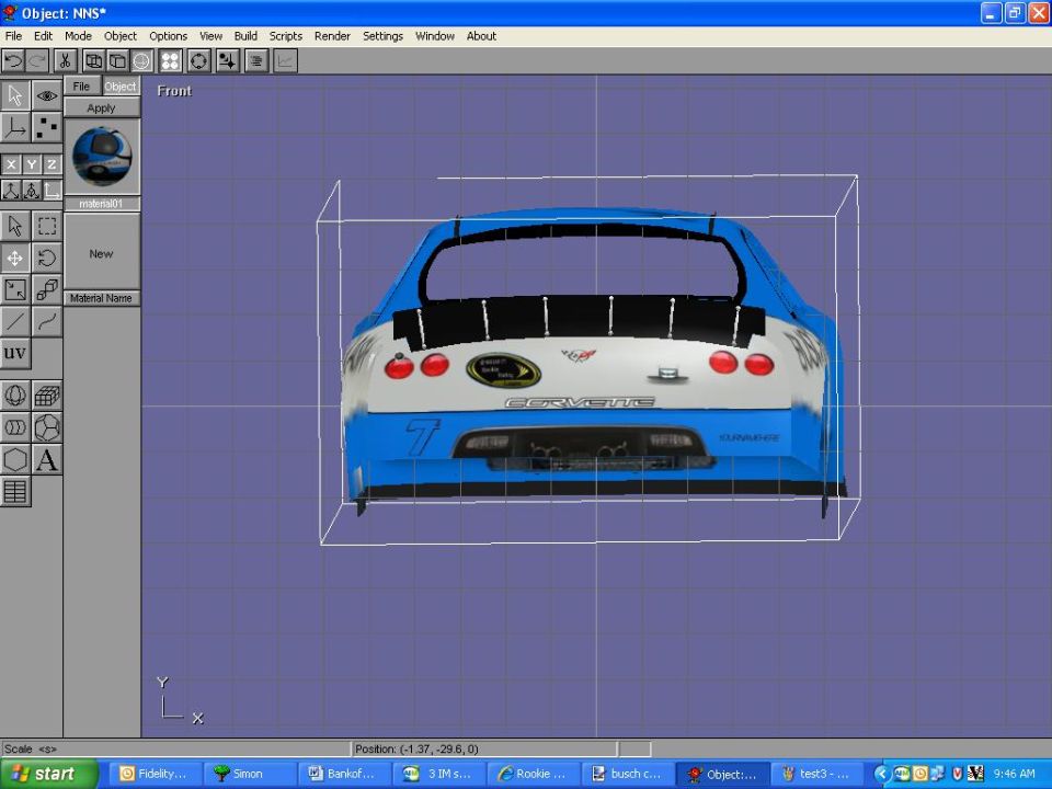 Rear view of a blue and white Corvette race car with number 7
