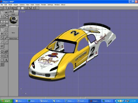 2004 Jeep Wrangler - A 3D rendering of a race car body is displayed on a computer screen with various design tools visible.
