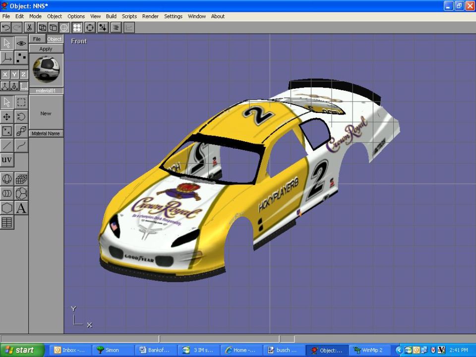 3D model of a yellow and white race car with Crown Royal branding and the number 2