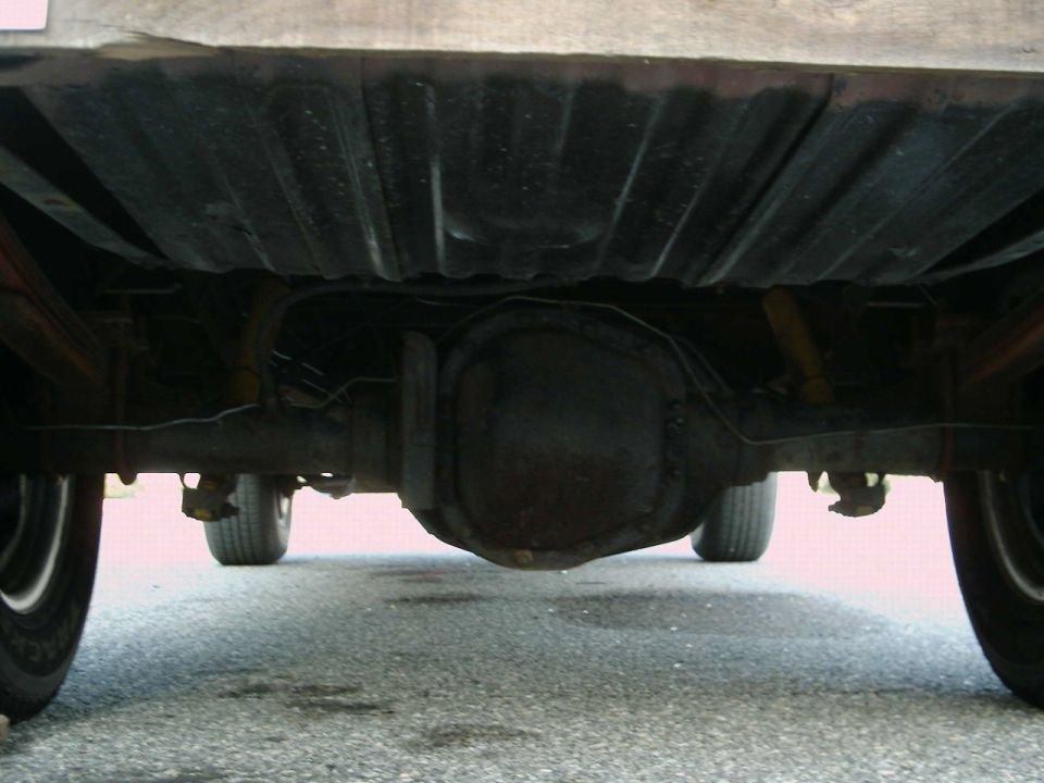 Underside view of a truck rear axle differential