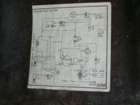 1979 Ford F-150 - A vacuum hose routing decal (emissions diagram) showing components like A/CL DV, VRDV, EGR, B/CARB, DIST, PURGE CV, and SEC CAN, labeled 'V…