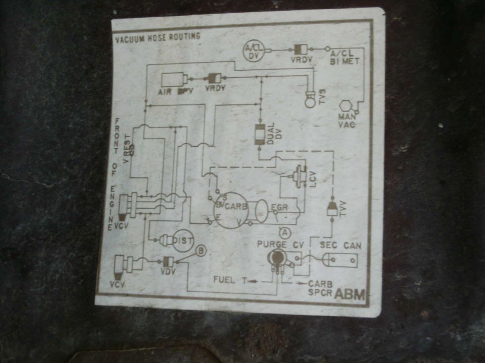 Vacuum hose routing decal with A/CL DV, VRDV, EGR, CARB, DIST, purge CV and SEC CAN, code ABM