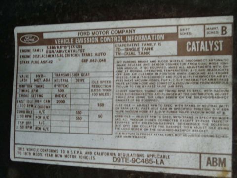1979 Ford F-150 - This document is a Ford Motor Company Vehicle Emission Control Information label for a 1979 model year vehicle.