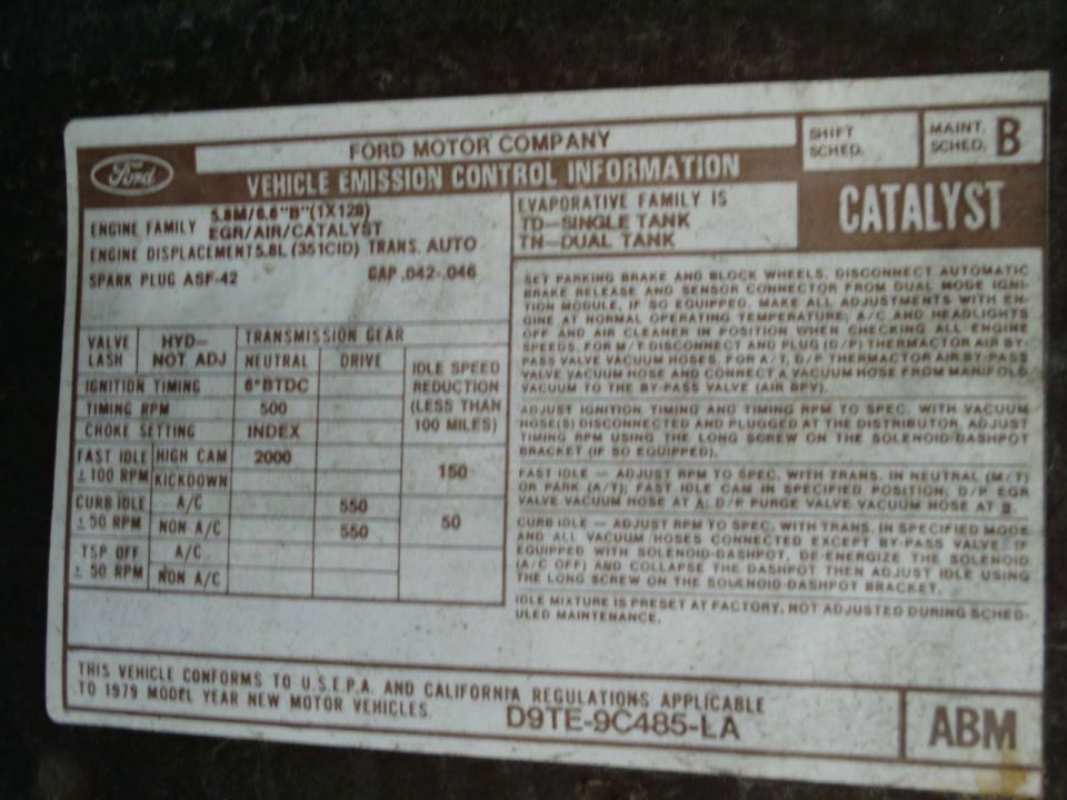 1979 Ford vehicle emission control information label for 5.8L 351 CID engine with catalyst, part D9TE-9C485-LA