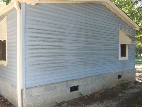 1992 Ford F-150 - Exterior of a house showing blue siding with noticeable water stains and streaks. The foundation is made of concrete blocks.