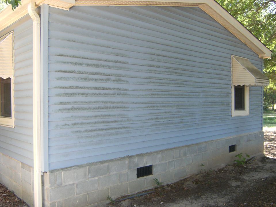 House exterior with blue siding and water stains