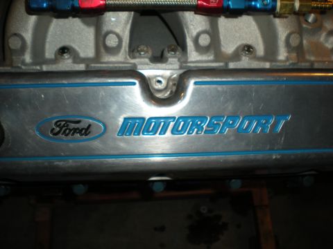 1985 Ford Bronco - Ford Motorsport valve cover with blue lettering and braided fuel lines visible above.