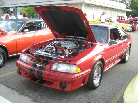 1988 Mercury Grand Marquis - A red 1988 Ford Mustang GT is displayed with its hood open, revealing the engine, at a car show.