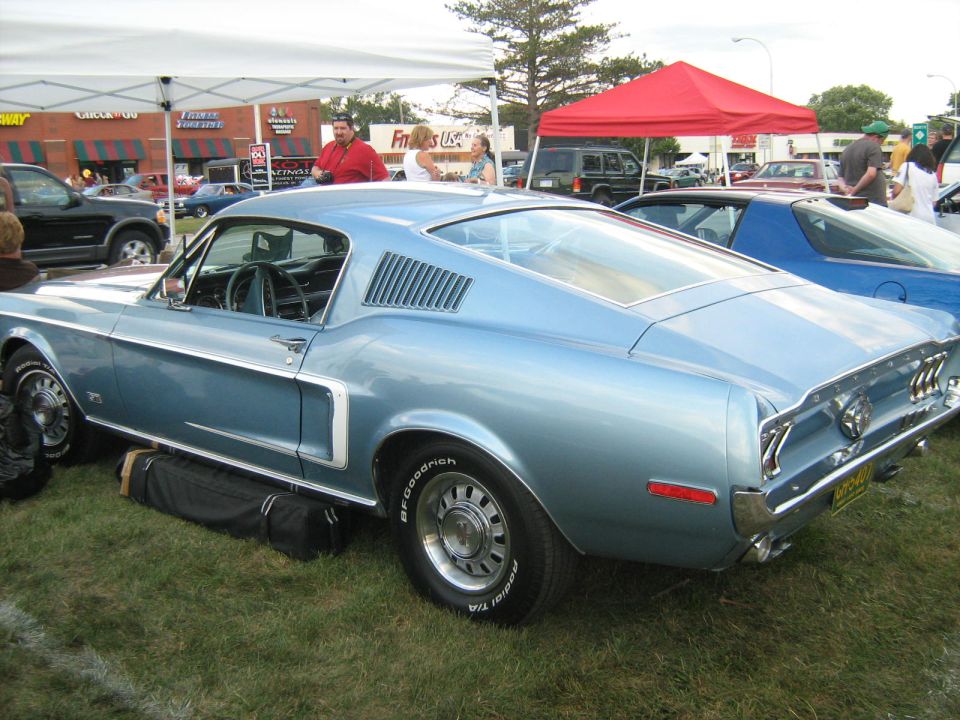 Light blue classic coupe with chrome trim and louvers on the rear quarter panel, parked on grass