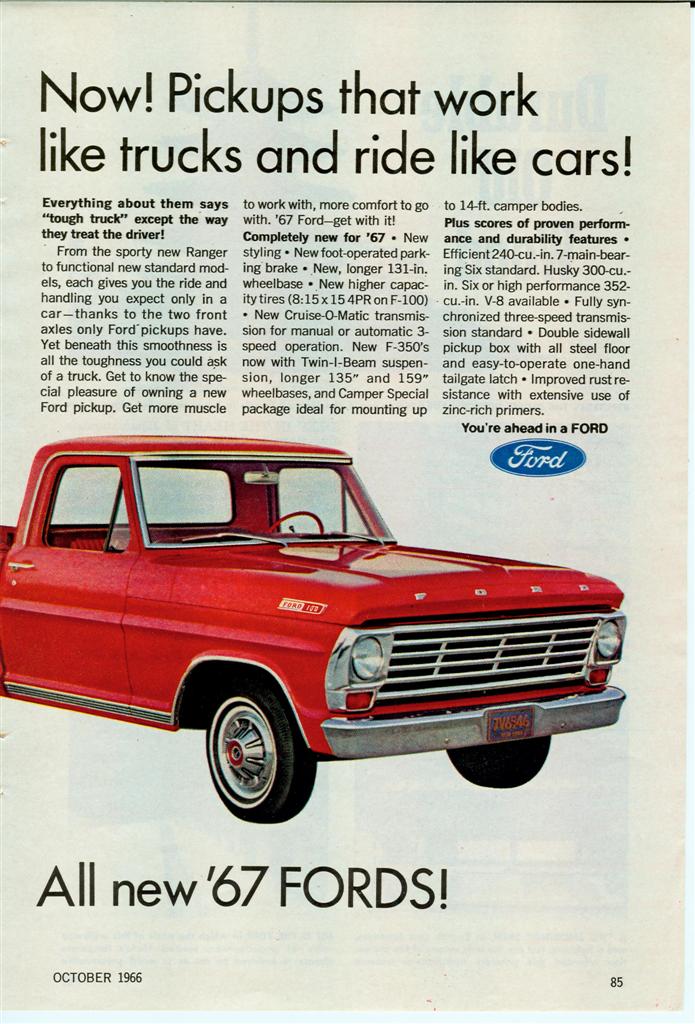 Red 1967 Ford F-100 pickup truck, front three-quarter view, with advertisement text.