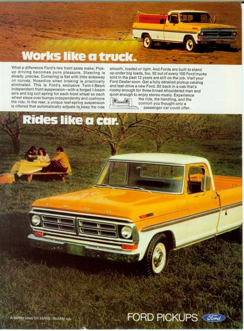1966 Ford F-100 - This Ford F-Series pickup truck features a two-tone paint scheme and a prominent grille.