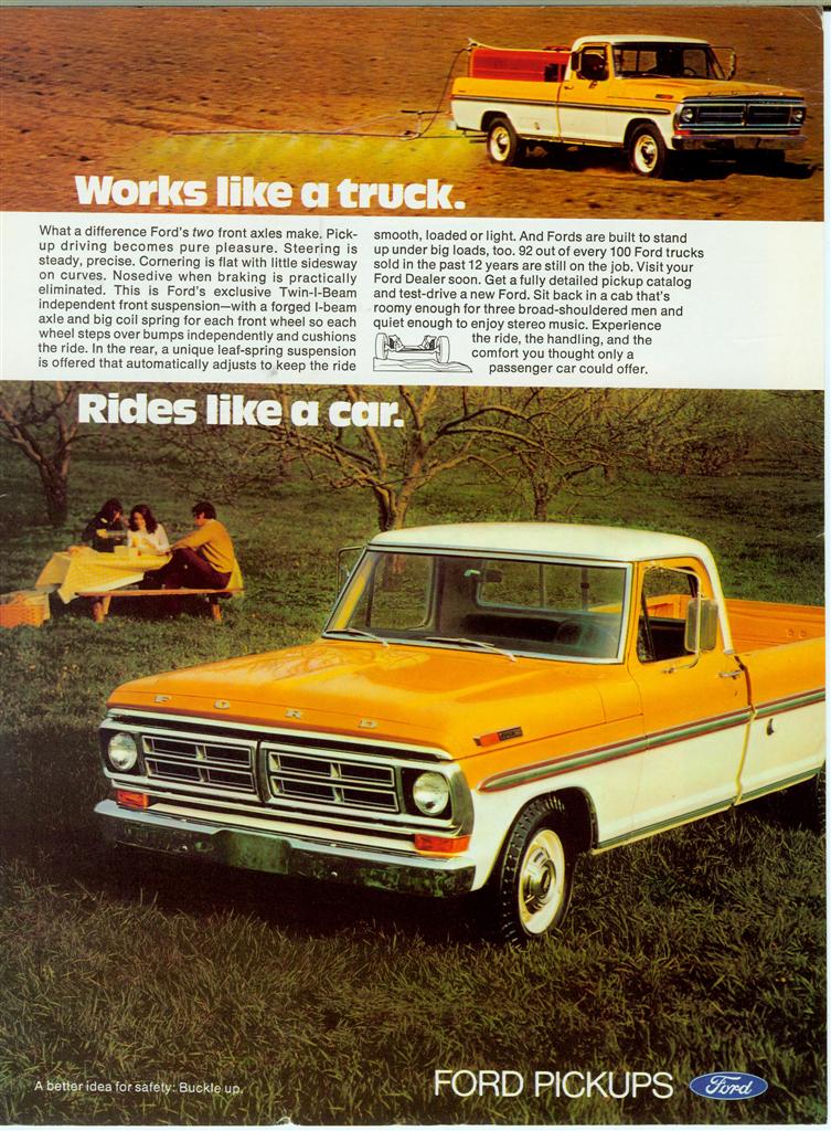 1967 Ford F-Series pickup truck, orange and white, parked on grass