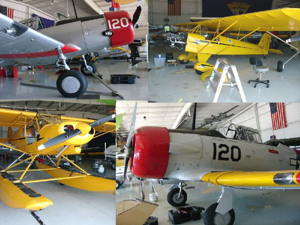 Hangar collage of a silver 120 vintage trainer with red cowl and a yellow floatplane