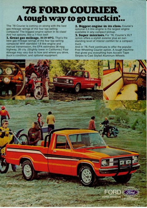 1966 Ford F-100 - This 1978 Ford Courier pickup truck features a two-tone paint scheme with orange, black, and white accents.