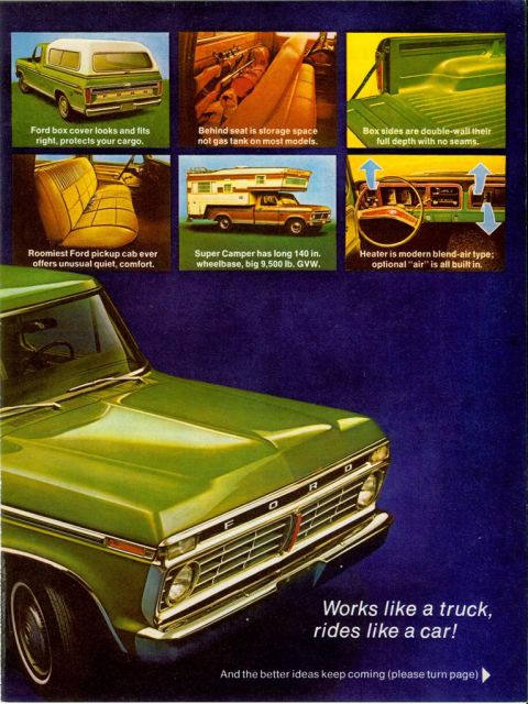 1966 Ford F-100 - This ad showcases a Ford pickup truck with a camper, highlighting its features and capabilities.