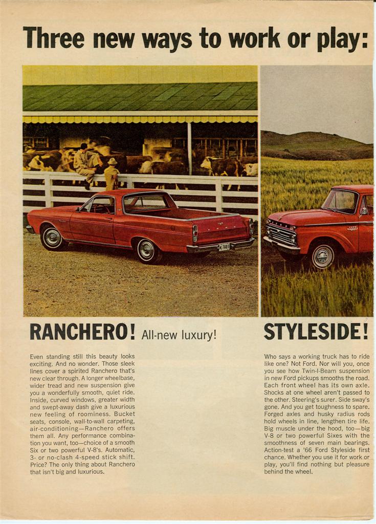 '66 Ford Ranchero and Styleside pickup magazine ad, headlined Three new ways to work or play