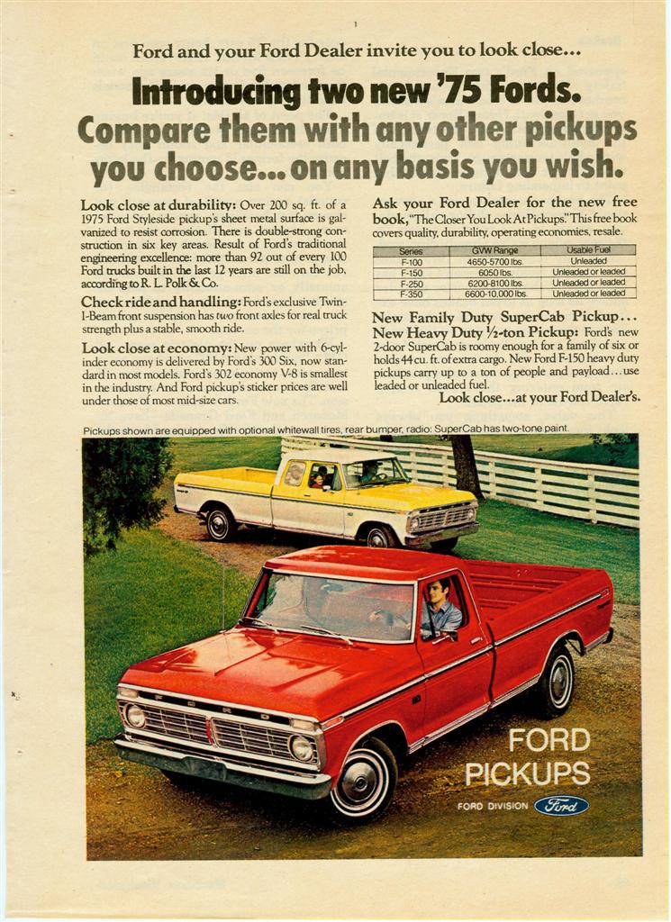 Red and yellow Ford pickup trucks from the 1975 model year