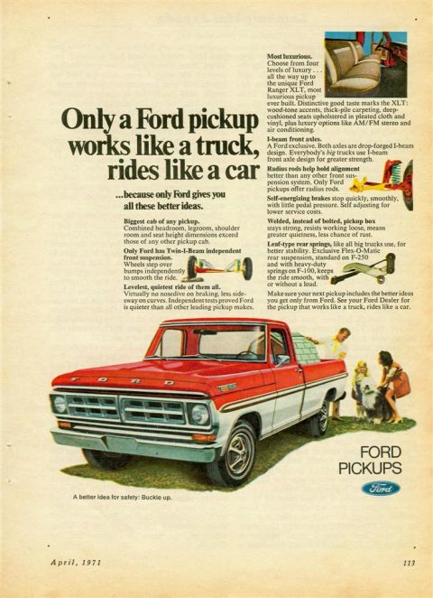 1966 Ford F-100 - This vintage advertisement showcases a Ford pickup truck with a family and their dog.
