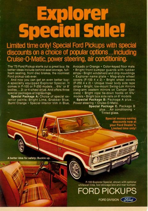 1966 Ford F-100 - Advertisement for Ford Pickups, highlighting the F-100 Explorer Special with various options and discounts.