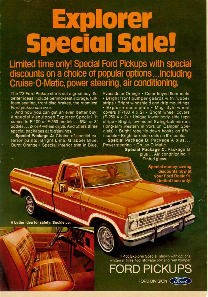 Orange and red 1973 Ford F-100 pickup truck, front 3/4 view, with interior detail