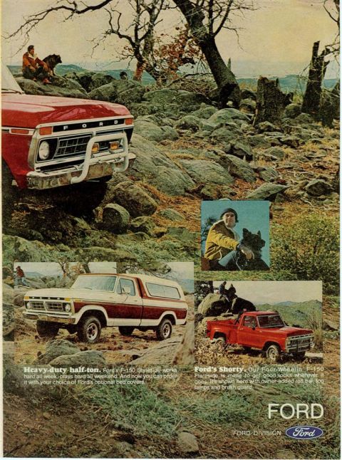1966 Ford F-100 - Advertisement a red Ford F-150 shorty pickup truck and a white and red Ford F-150 Styleside truck in a rocky, outdoor setting.