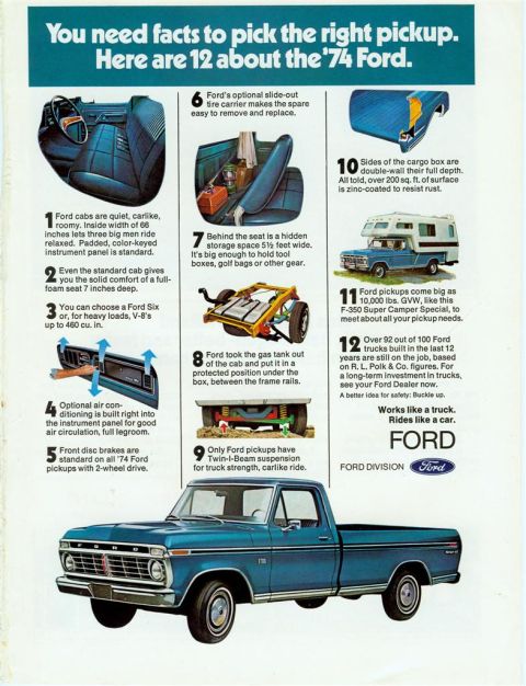 1966 Ford F-100 - This ad highlights 12 features of the 1974 Ford pickup, including interior, cargo box, and chassis details.