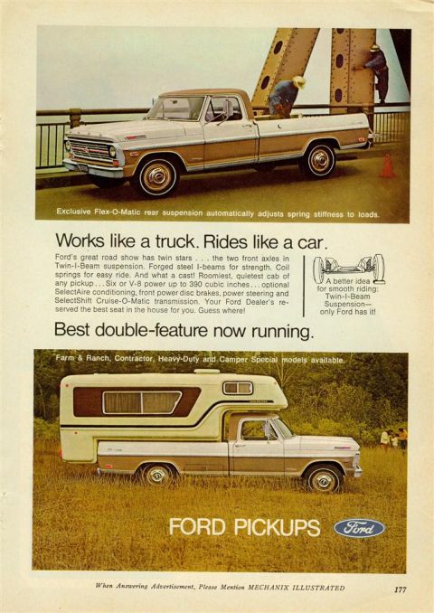 1966 Ford F-100 - This Ford pickup truck advertisement highlights its versatility with a camper shell option.