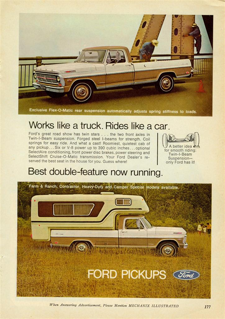 Two-tone 1967 Ford F-Series pickup truck with a camper shell, side view