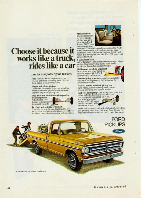 1966 Ford F-100 - This 1967 Ford pickup truck ad highlights its utility and comfortable ride, showing a motorcycle being loaded into the bed.