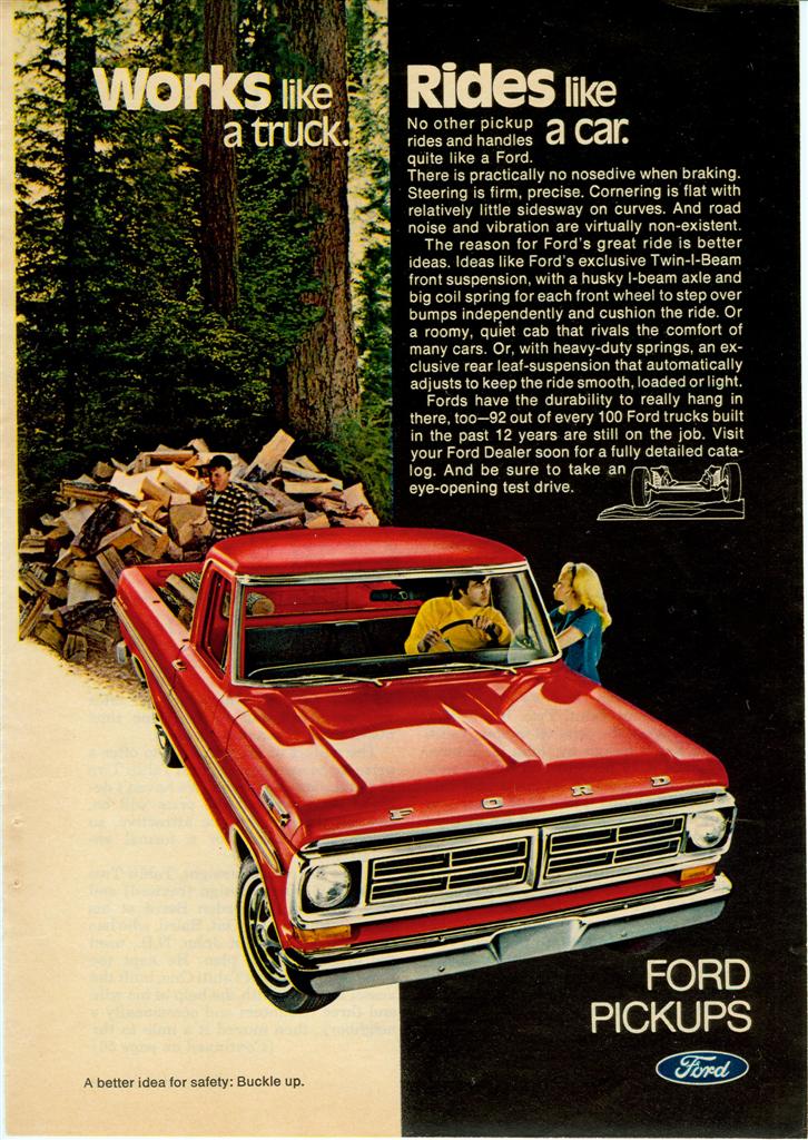 1967 Ford F-Series pickup truck, red, with two people in the cab, parked near a pile of firewood