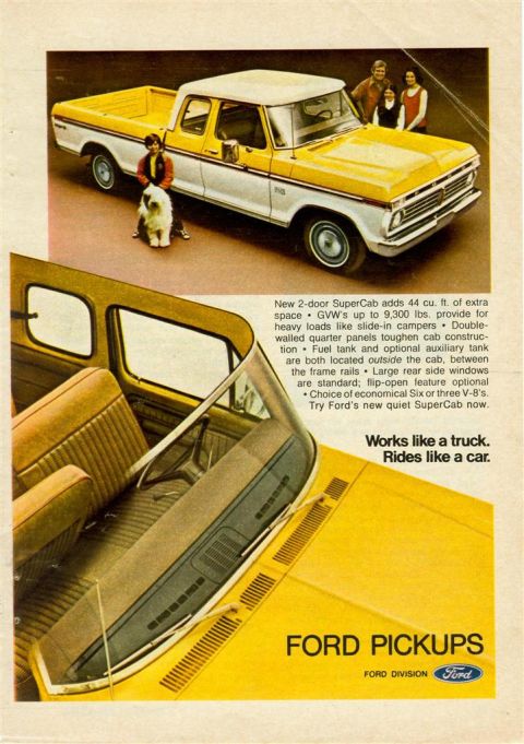 1966 Ford F-100 - This Ford pickup ad highlights its SuperCab model, its interior and exterior features.