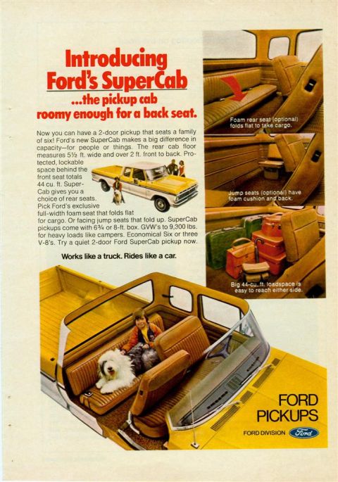 1966 Ford F-100 - Advertisement for Ford's SuperCab pickup, highlighting its spacious interior and cargo capacity.