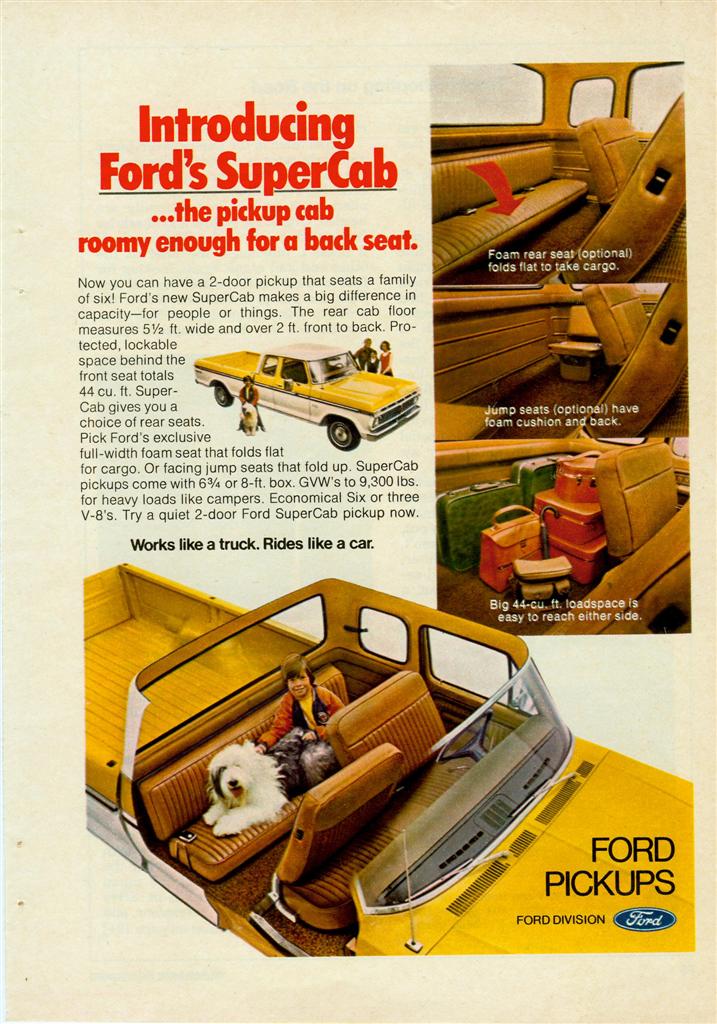 Ford SuperCab pickup ad showing rear foam seat, jump seats and 44 cu. ft. cargo space behind the seat
