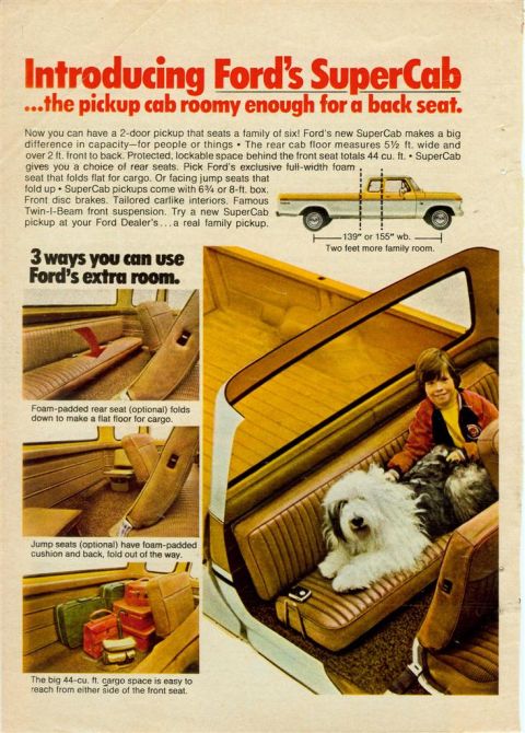 1966 Ford F-100 - Advertisement for Ford's SuperCab pickup, highlighting its spacious interior and cargo capacity.